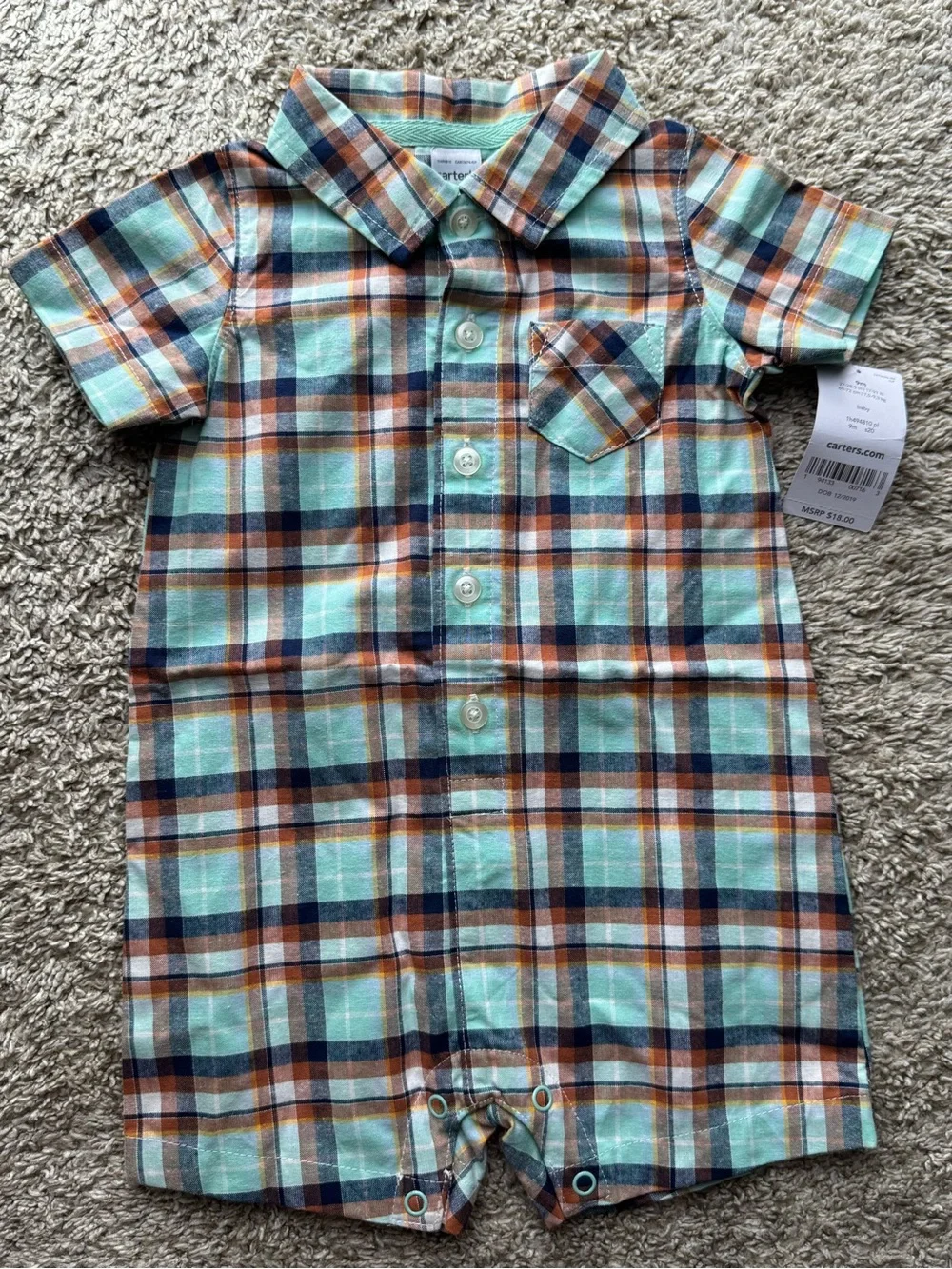 Carter’s Plaid Button Front Short Sleeve Romper Baby 9 Months NWT